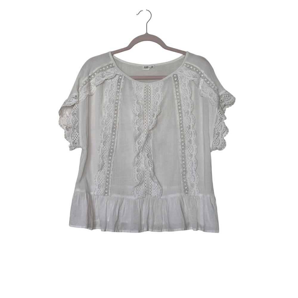 GAP White Lace Crochet Peasant Blouse Boho Peplum Top L Feminine Ruffle Romantic